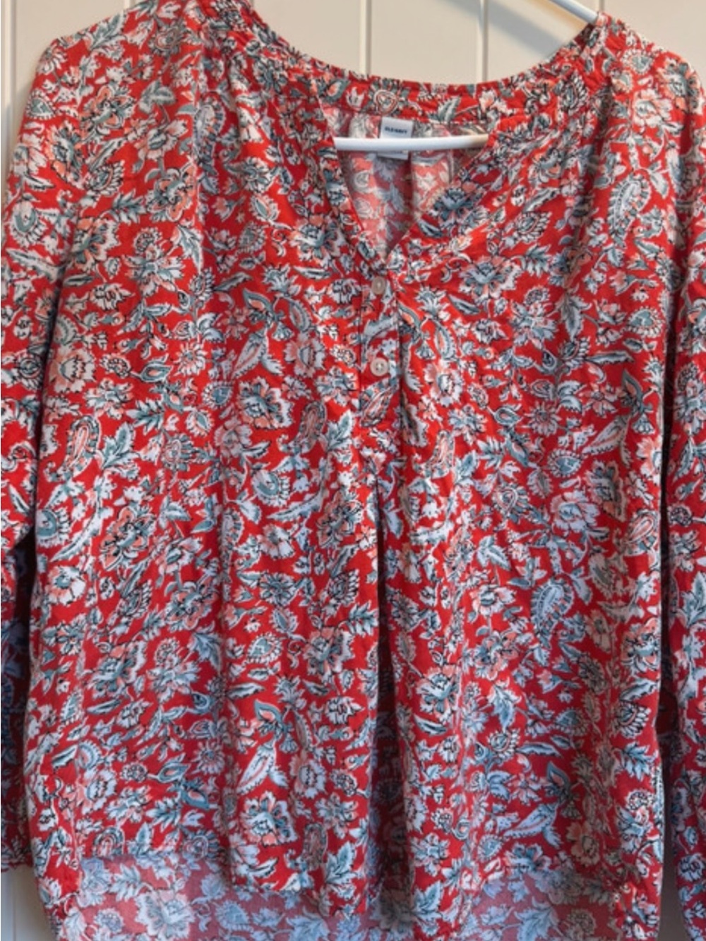 Old Navy Red Floral V-Neck Button Blouse